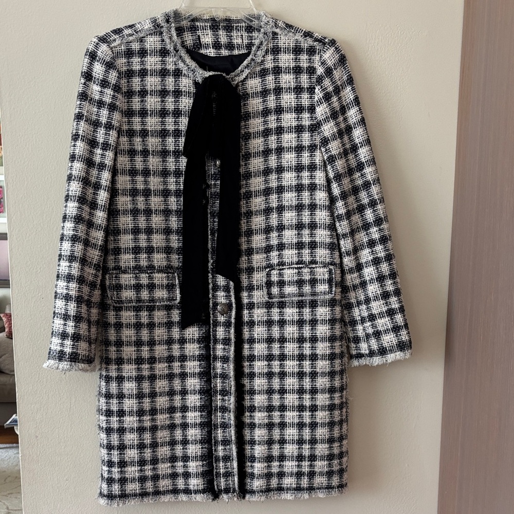 ZARA Plaid Women's Boucle Coat with Black Bow S